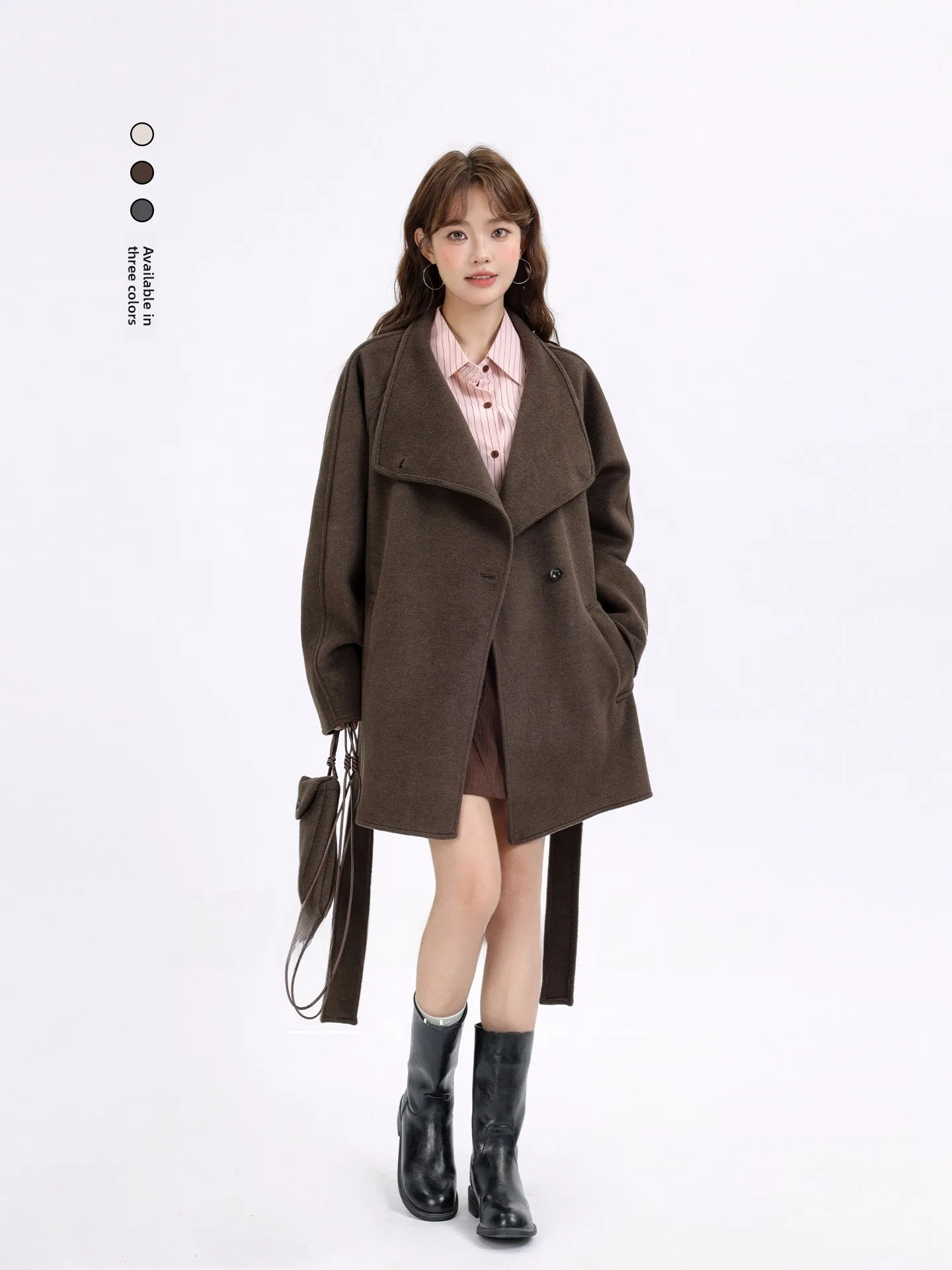 

Autumn Winter Double-Sided Woolen Coat Casual Loose Women's Outerwear Korean Sle Coffee Color Mermaid Sle Straight Cut