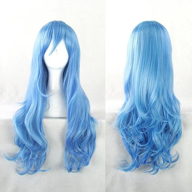 DATE A LIVE Yoshino Cosplay Wigs Role Play 70cm Long Curly Wavy Blue Synthetic Hair for Adult+Hairnet