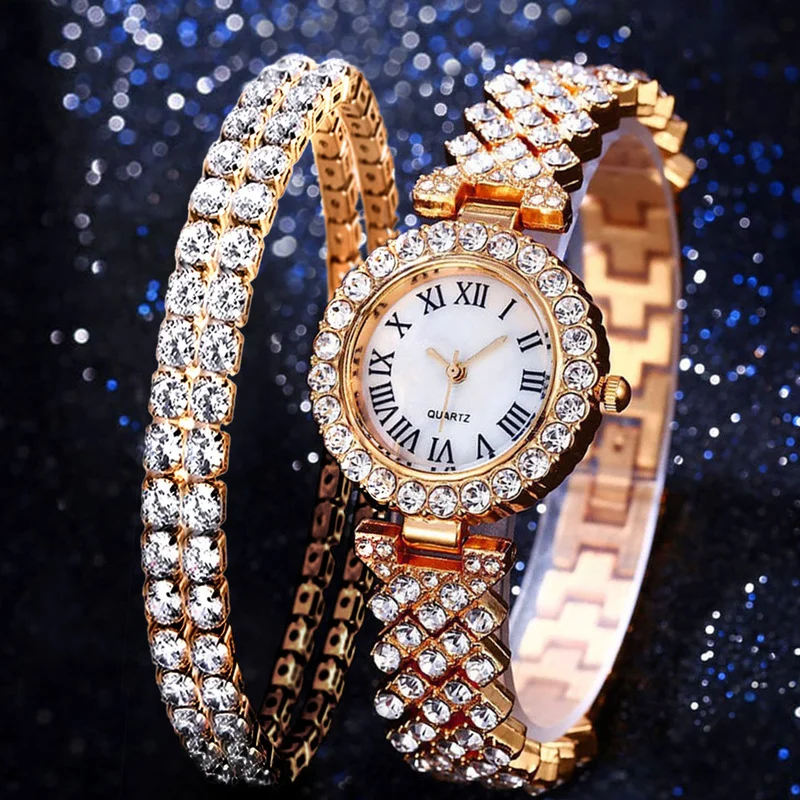 2PCS Fashion Luxury Roman Pattern Diamond Ladies Quartz Watch Women Double Layer Diamond Bracelet Ladies Watch