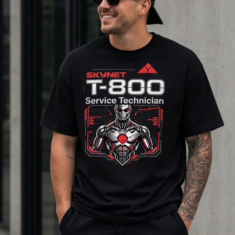 Cool Robot Tshirt T-800 Skynet Service Technician Sci Fi Graphic Casual Mens Short Sleeve Tee Cotton Unisex Harajuku Y2k Top