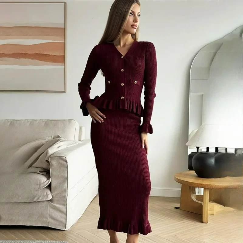 티켓엑스 브이넥 니트 드레스 세트 우아한 버튼 러플 스크류 스레드 패치워크 롱 드레스 세트 빈티지 오피스 레이디 스트리트 드레스 세트
