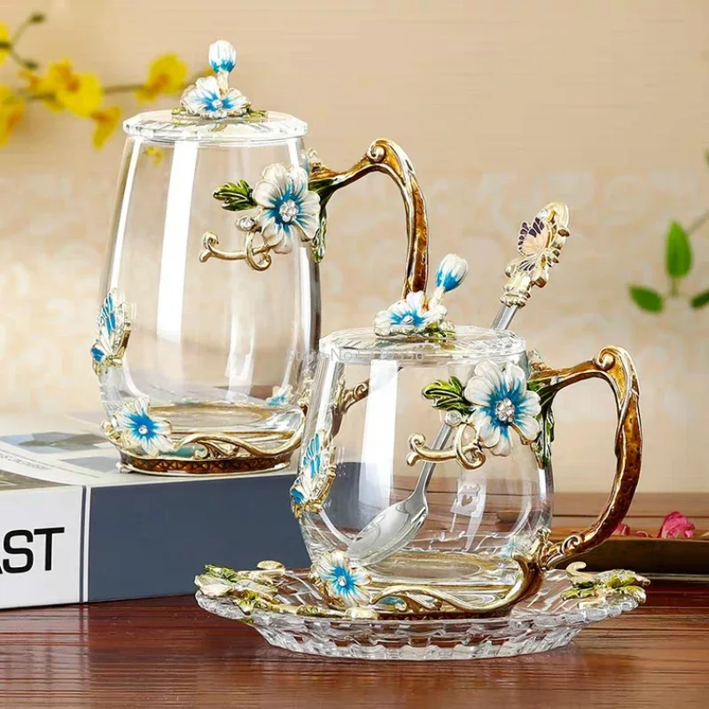 

Beauty Enamel Crystal Glass Cup Flower Tea Mug High-grade Water and with Handgrip Perfect Gift for Lover Wedding