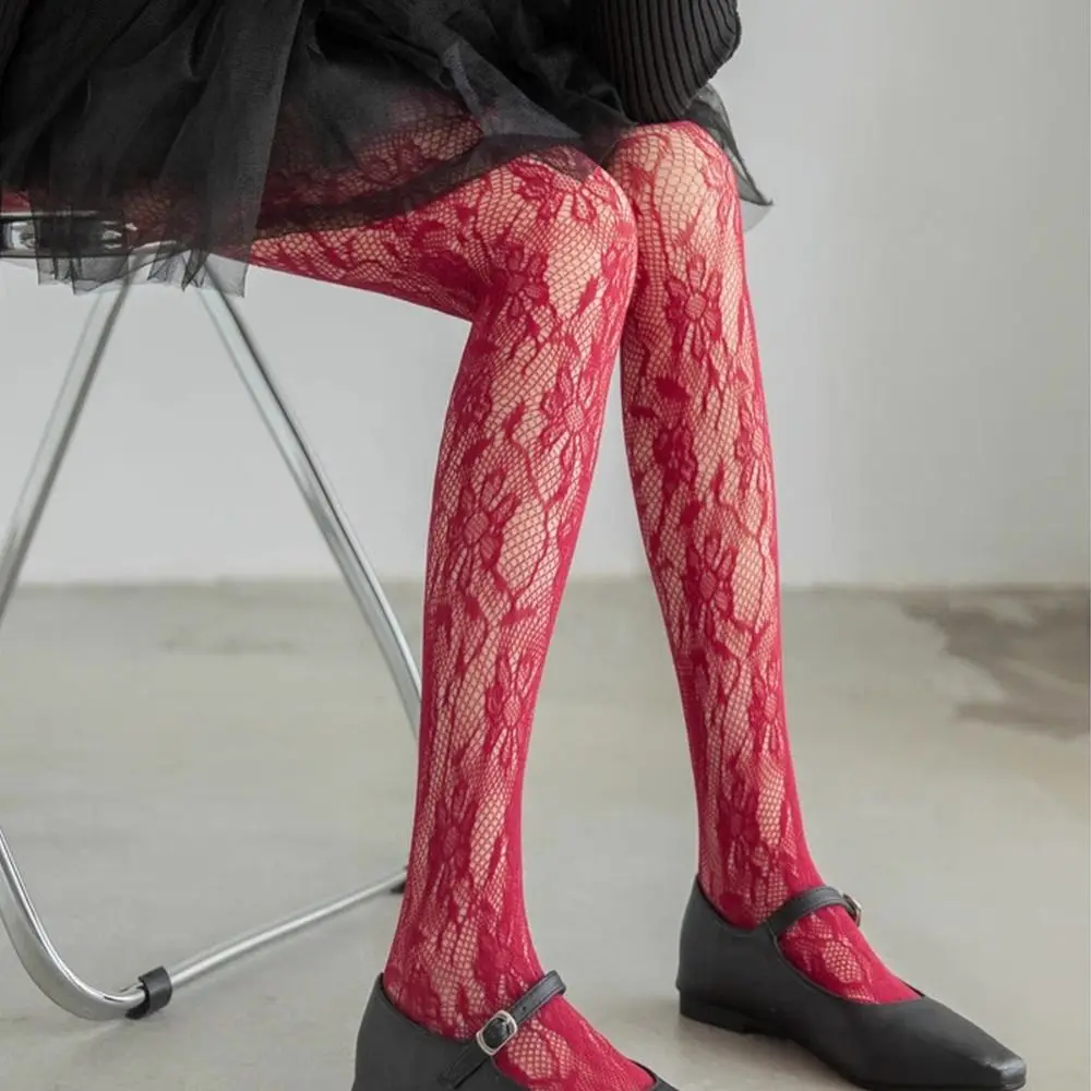 Women Sexy Floral Print Silk Stockings Jacquard Lace Sheer Material Pantyhose Thin Texture Fishnet Long Socks Lolita Fashion