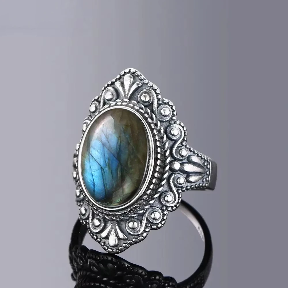 

Vintage 925 Silver Ring Oval Natural Labradorite Rings Finger Ring Retro Black Onyx Fine Jewelry Party For Women Men