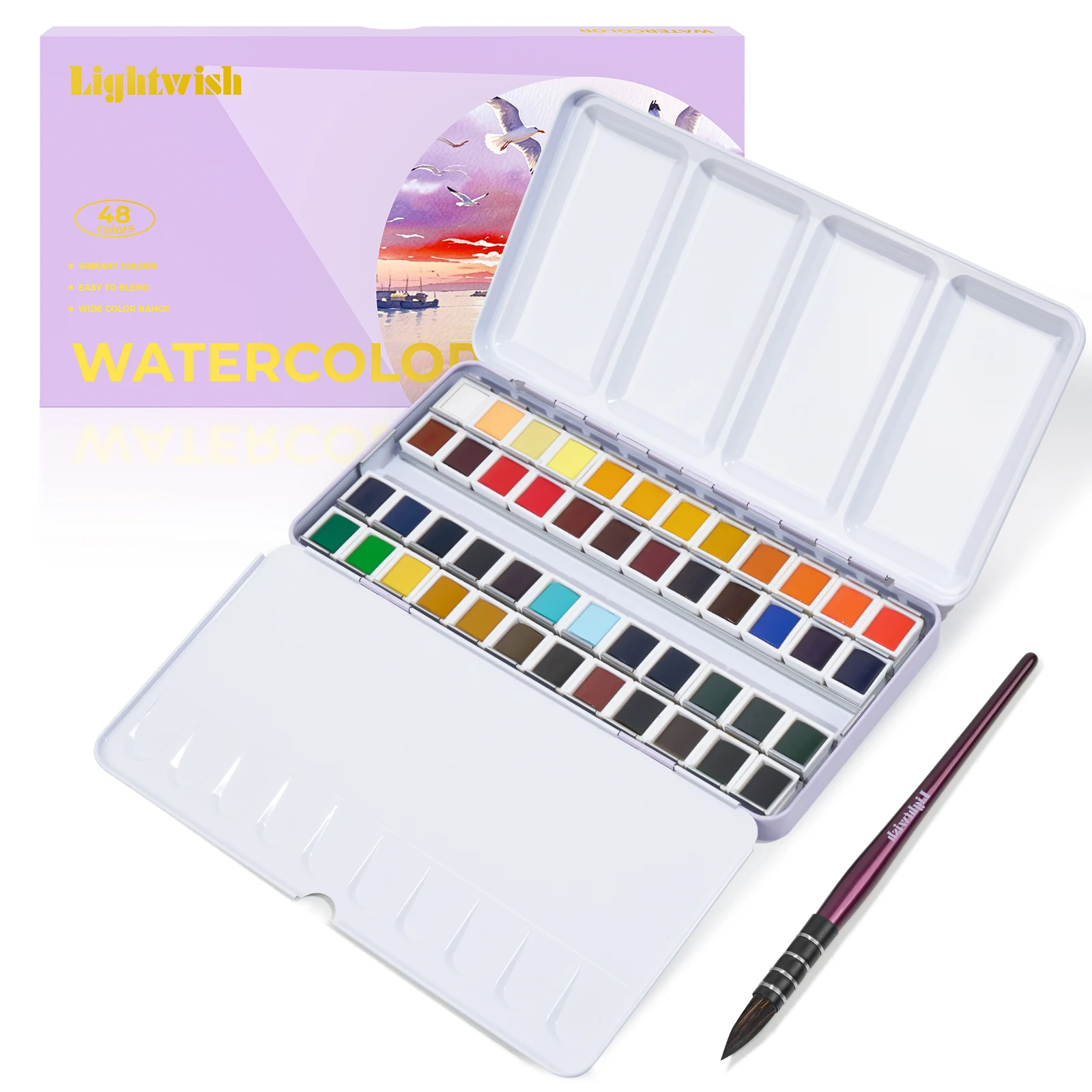 LIGHTWISH Watercolor Paint Set, 24/48 Colors Professional Watercolor Paint with Watercolor Brushes, Travel Watercolor for Artist