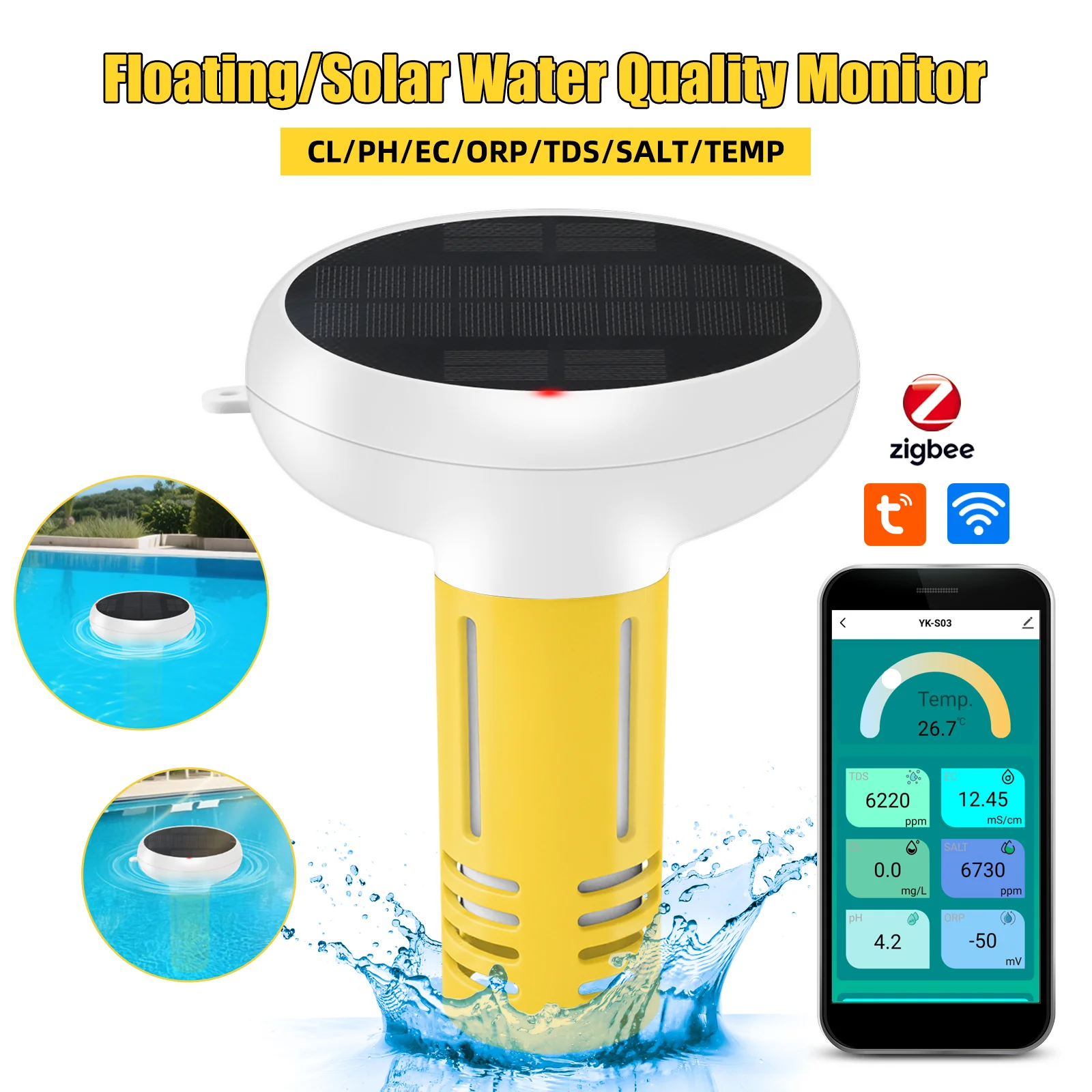 7 In 1 Tuya Zigbee Solar Water Quality Meter For Pool Testing Tester PH ORP Total Dissolved Solids Salinity Temp& Chlorine