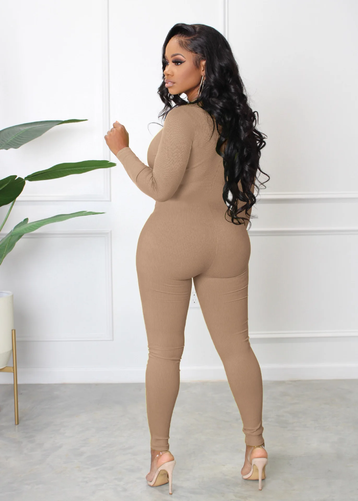 Eendelige Bodycon Jumpsuit Hot Selling Plus Size Custom Logo Fall Effen Lange Mouw Polyester Rits Dames Dames Dragen Bodysuit