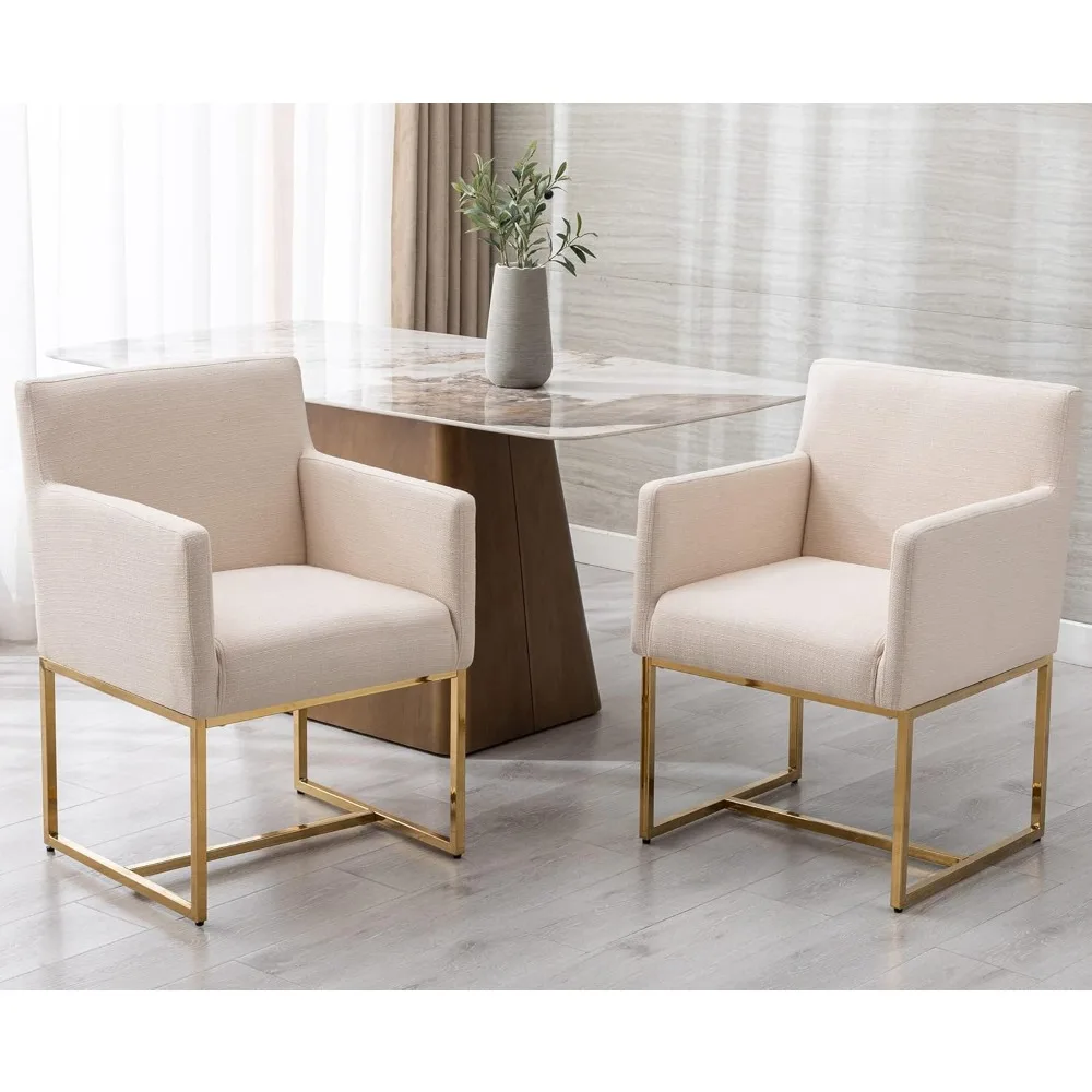 

Linen Upholstered Dining Chairs with Arms Set of 2, Mid Century Modern Padded Kitchen Chairs with Gold Metal Frame for Restaura