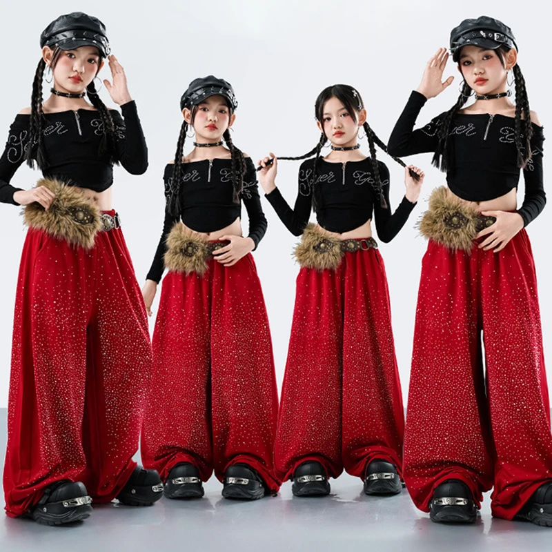 

Детская одежда в стиле K-pop и хип-хоп: черная укороченная футболка на молнии с длинным рукавом, красные брюки свободного кроя с камнями для девочек, костюм для танцев