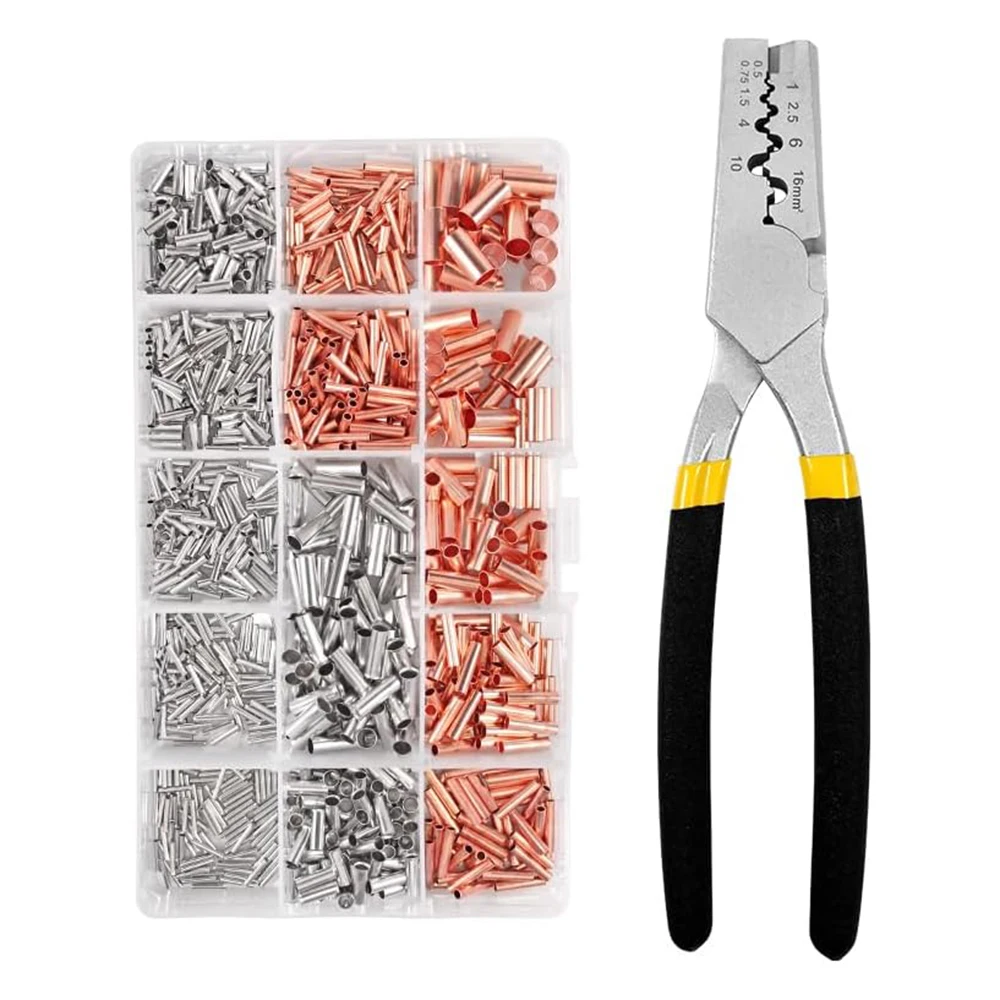 970pcs Copper Connecting Pipe Wire Joint Small Copper Tube Terminal Cable Lug Bootlace Ferrule Kit With Heat Shrink Tube Plier