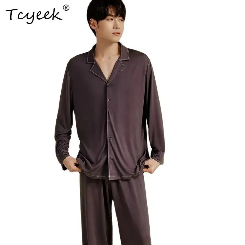 

Tcyeek 100%Mulberry Silk Pajamas Set For Men, Long Sleeve Top Pants, Fashion Casual Knit Homewear, 2024 Summer Autumn S48253QC