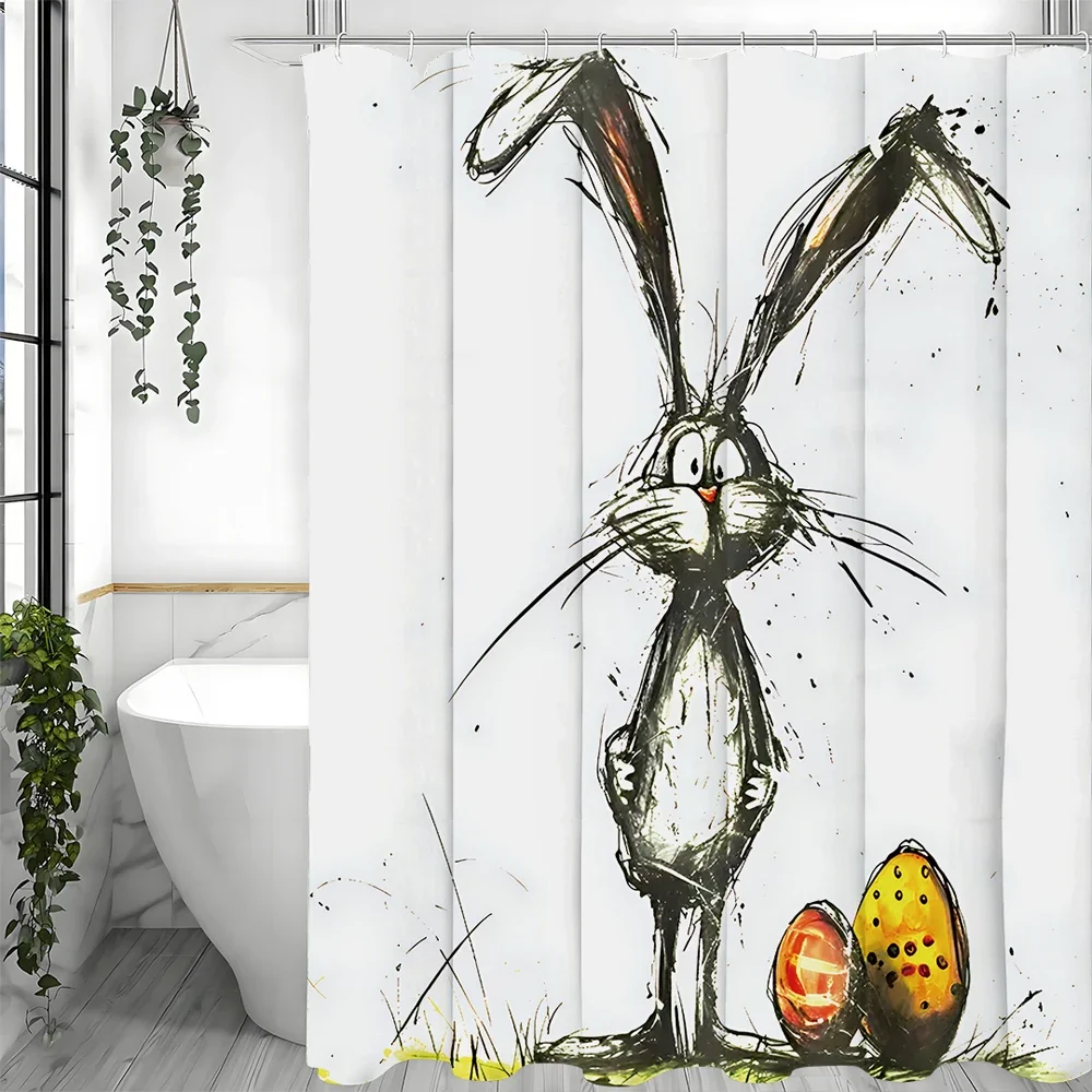 Easter Shower Curtain Bunny Easter Yellow Eggs Messy Pen Art Drawing Spring Holiday Bunny Bathroom Decor Polyester Shower Curtai