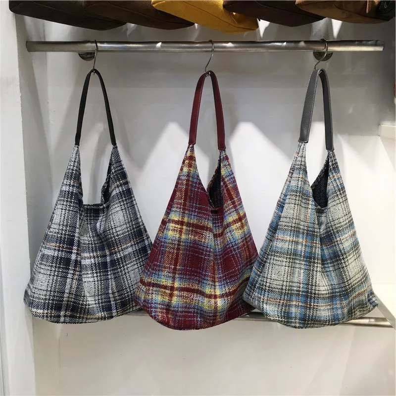 

YIFAN Autumn Cotton Bag for Women, Large Capacity Retro Plaid Cloth Bag for Commuting and Leisure, Single Shoulder Tote Bag