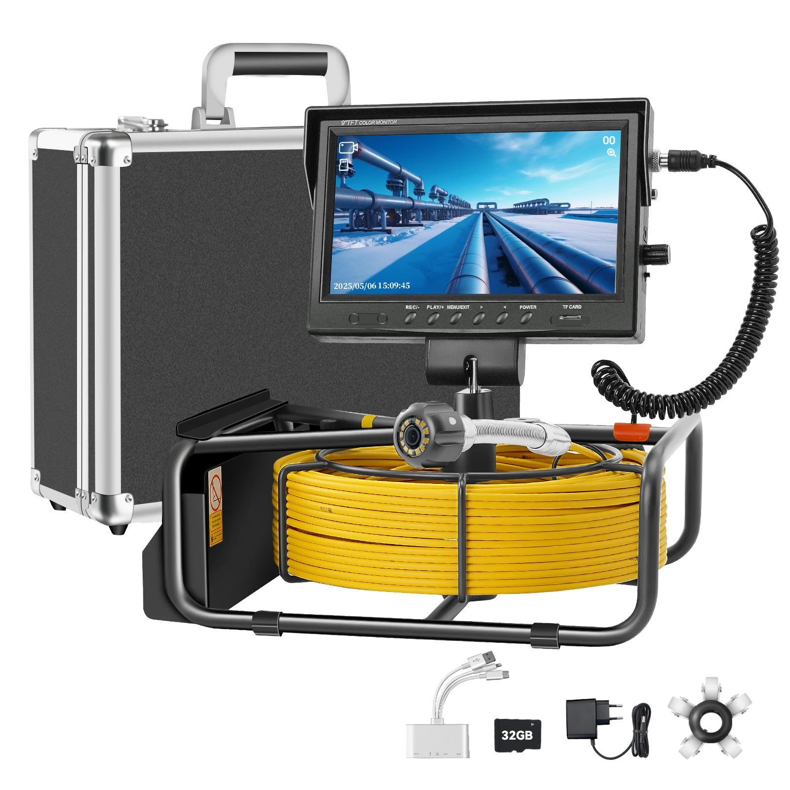 SYANSPAN Sewer Camera 9inch HD1080P Monitor, 16GB DVR Drain Industrial Endoscope IP68 Equipped with Aluminum Box pipe inspection