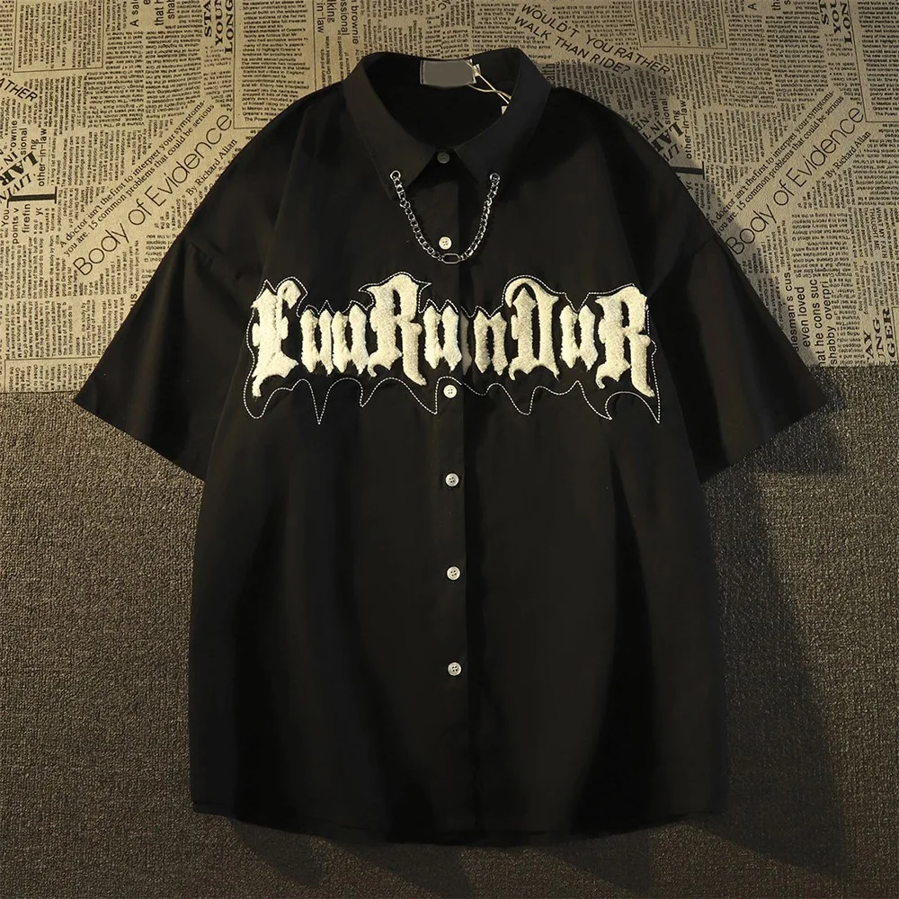 Mens Y2k Shirt 2024 Summer New Large Size American Fashion Short-Sleeved Shirt Hip-Hop Embroidered Letter Necklace Casual Shirt