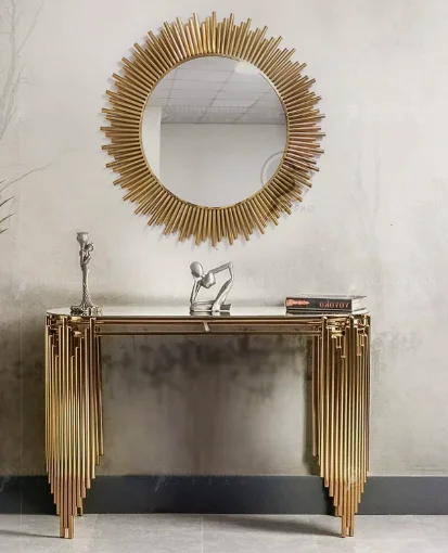 Light luxury stainless steel titanium gold entrance counter tempered glass hotel living room marble sun mirror entrance table
