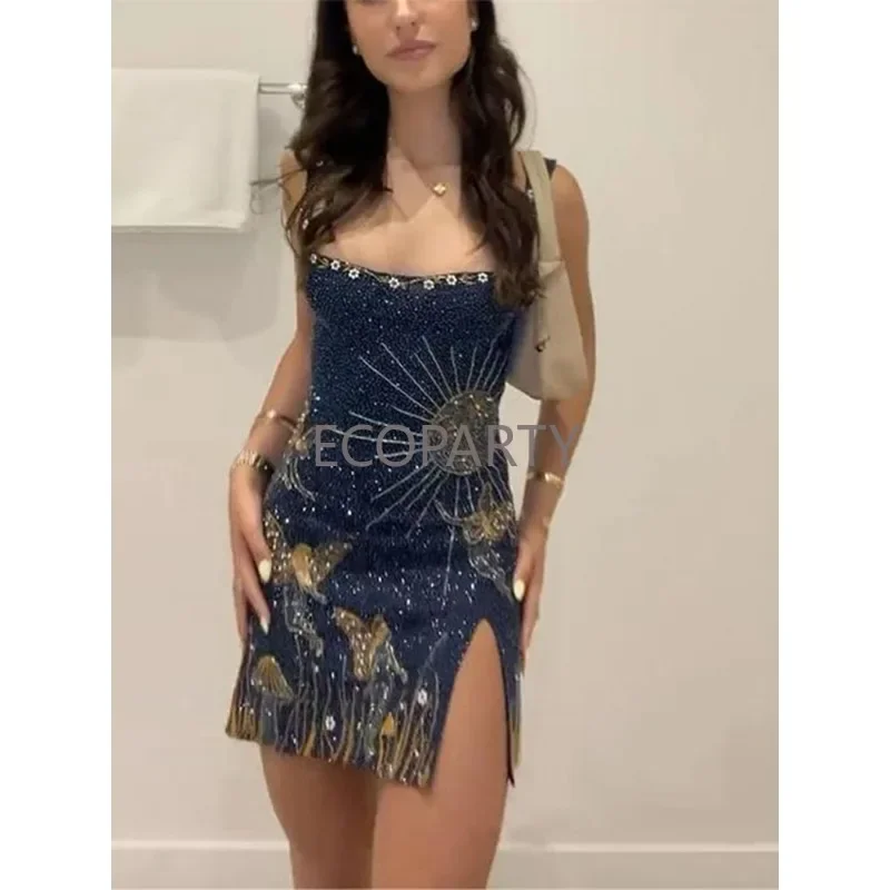 Sexy Sequin Party Dress Women Halter Side Split A-line Evening Dresses Female 2025 Autumn Slim Mini Hip Package Lady Robes