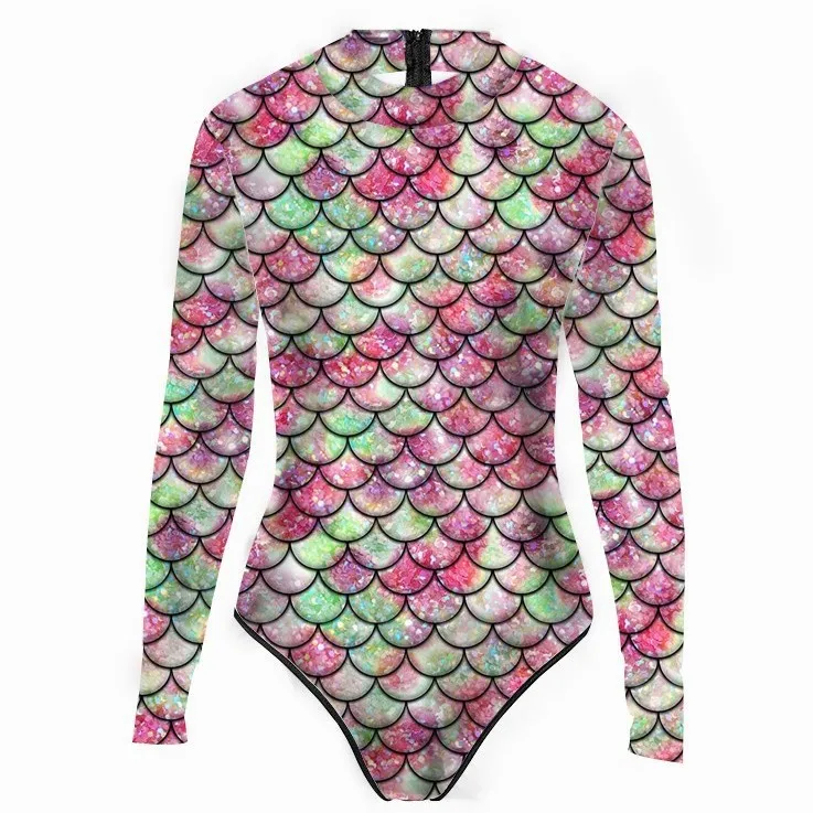 

Multicolor Swimsuit Women Long Sleeve One Piece Zipper Bodysuit 3D Printed Fish Scale Mermaid Jumpsuit Women Beach Wear