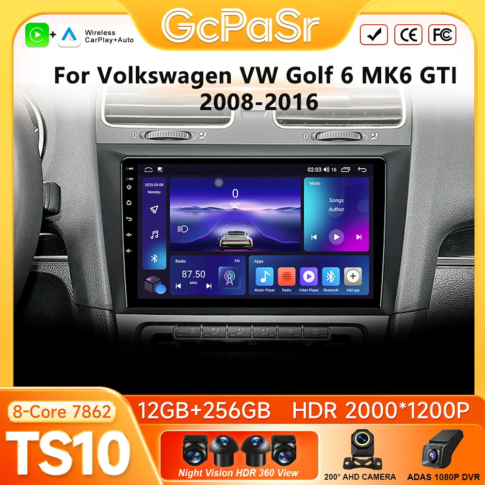 Автомагнитола с CarPlay для Volkswagen VW Golf 6 MK6 GTI 2008-2016, Android 16, навигация GPS, Android Auto, мультимедийный плеер, 5G Wi-Fi, Bluetooth