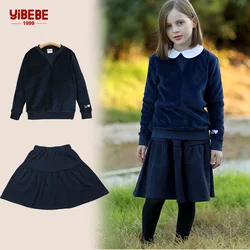 2024 Skirt for girls childhood and top shirt navy pleated skirt for big girl sizes 4-16 years cotton clothing knee-length skirt