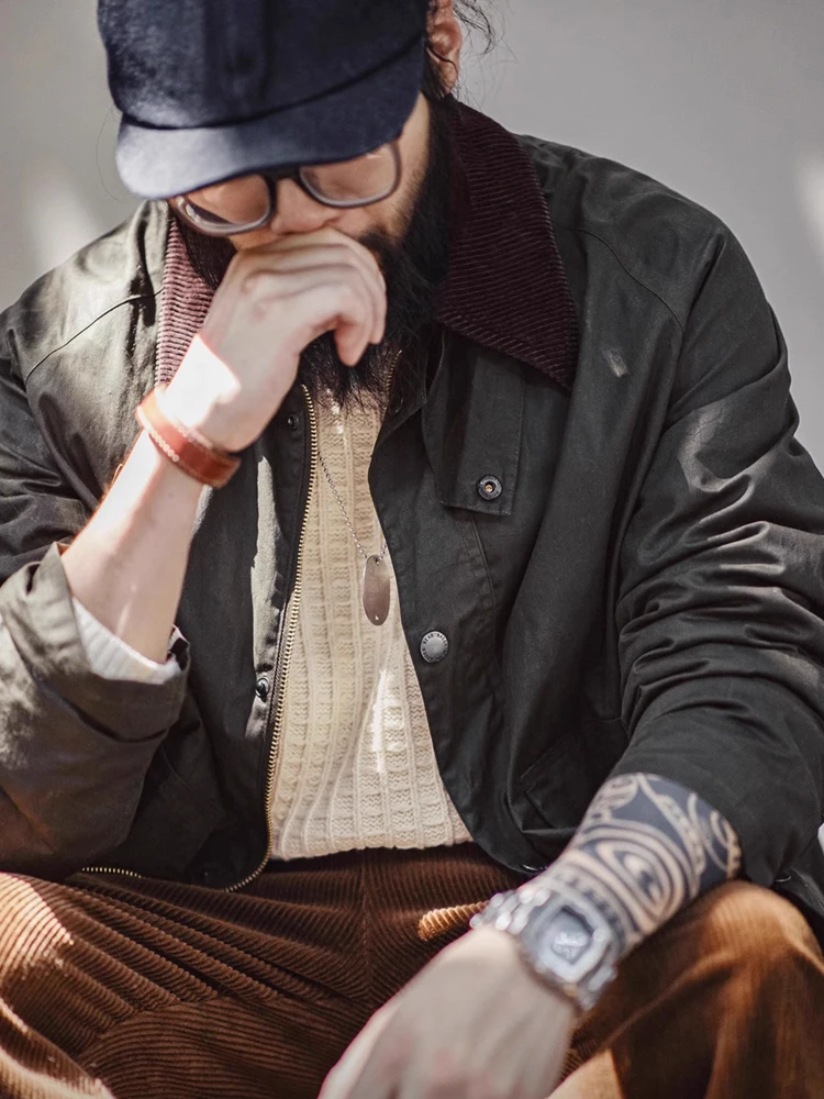 

Мужская винтажная куртка Maden из вощеной кожи в американском ретро-стиле для активного отдыха, осенняя рабочая одежда, приталенный крой, длинный рукав, на молнии