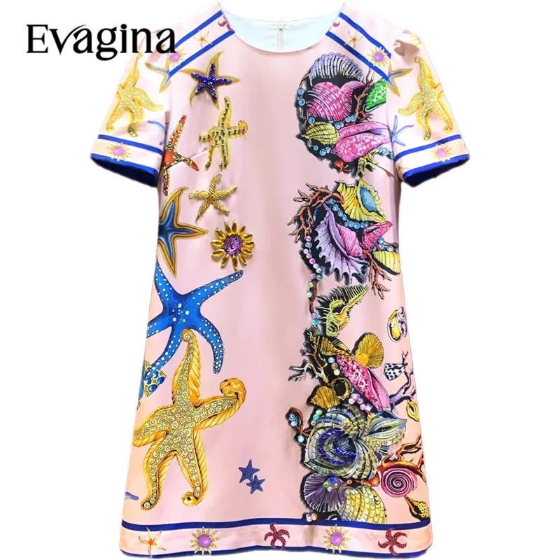 Evagina New Fashion Print Nail Bead Diamond Inlay Mini dress Spring Summer Women's Short Sleeved Holiday Dresses