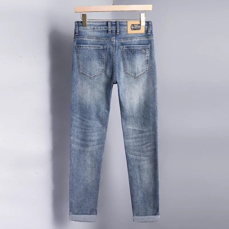 Jeans de marca de moda high-end masculino, calças compridas, stretch fino, versáteis, pés pequenos, roupa de negócios, novo, 2024