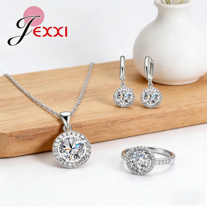 Exquisite Women Wedding Necklace Earring Ring Jewelry Set 925 Sterling Silver Zircon Crystal Jewelry Set