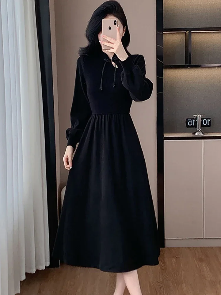 Autumn Winter Black Patchwork Knitted Long Dress Women Long Sleeve Bodycon New in Dress 2024 Korean Vintage Elegant Party Dress