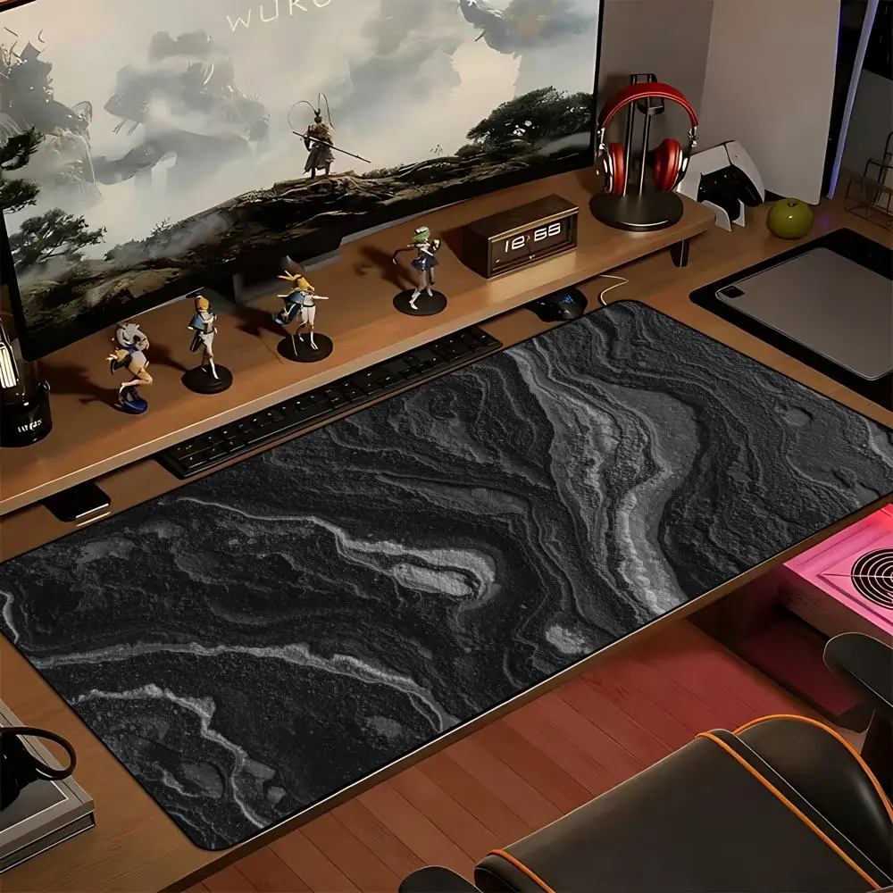 Large Gaming Mouse Pad Desk Mat Keyboard Pad Black White Silver Vein Marble Layer Stone Fluid Texture Print Non Slip Rubber Base