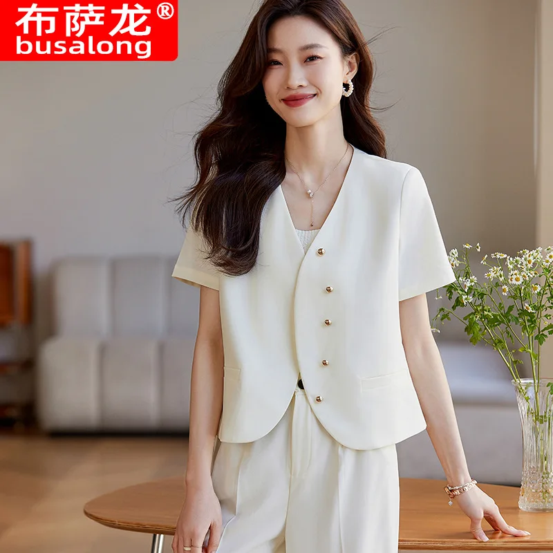 

Fashionable Temperament Collarless Short Sleeve Suit Coat for Women2024Spring and Summer New Commuter Single-Breasted Suit