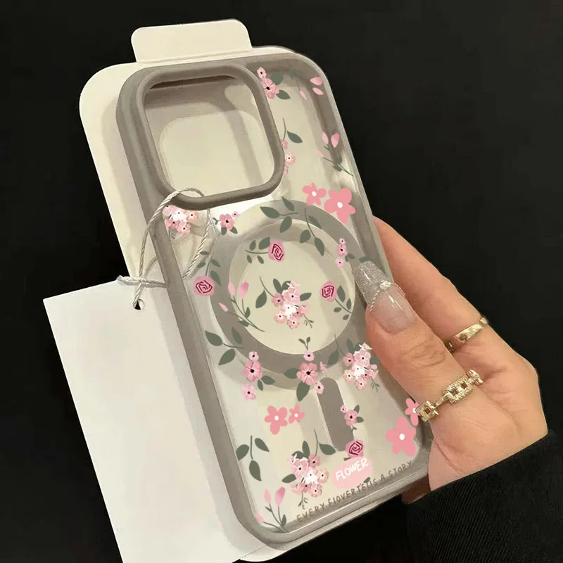 A Floral Ultra-Clear Magnetic Circular Case For iPhone 18 17 16 Pro Max 15 14 Plus 13 12 11 For Magsafe Wireless Charging Cover