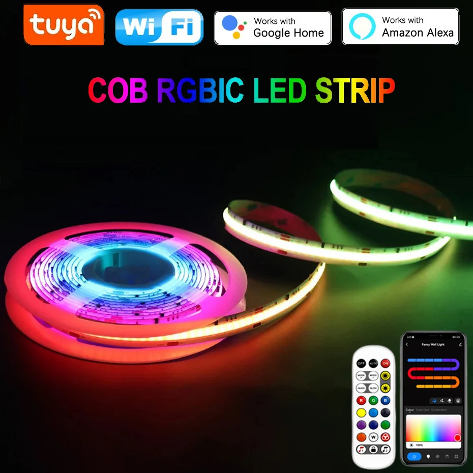 Tuya Wifi COB LED Strip Light DC 24V Addressable RGBIC Led Tape 720LEDs/m RGB Ribbon Remote APP Control For Indoor Decoration