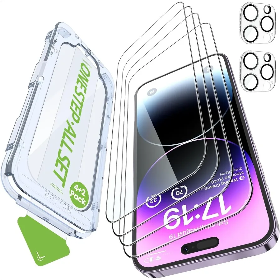 

iGluz 4 Pack iPhone 14 Pro Max Screen Protector with 2Pack Camera Lens Protector[99.99HD Clear][9H Tempered Glass][Bubble Free]