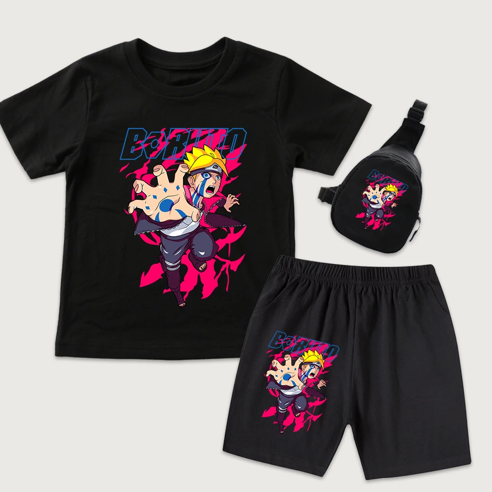 Boruto Anime Print Cotton T Shirt Shorts Set with Mini Chest Bag for Kids 3 Piece Outfit Casual Daily Wear for Boys Girls
