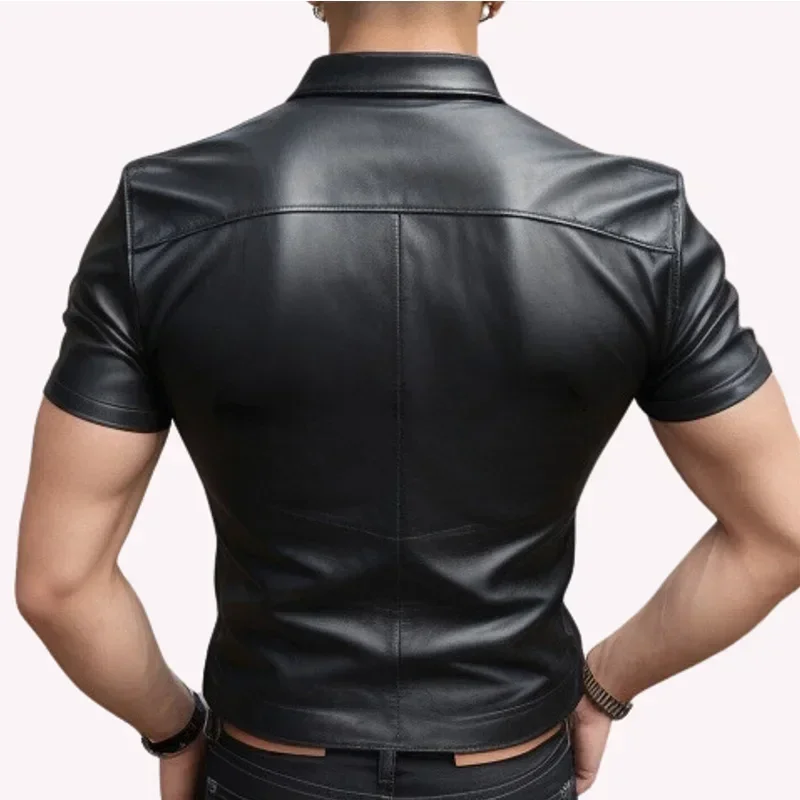 Men's Short Sleeve Lapel Collar Faux Leather Stretch T-Shirts Sexy Slim Bodycon Tops Male PU Overcoat Nightclub Clubwear Custom