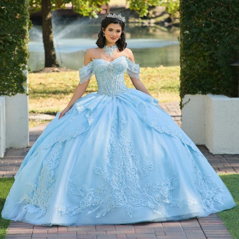 Light Blue Glitter Quinceanera Dresses Off Shoulder Ball Gown Sweet 16 Dress Applique Lace Beads Tull Party Birthday Vetidos 15