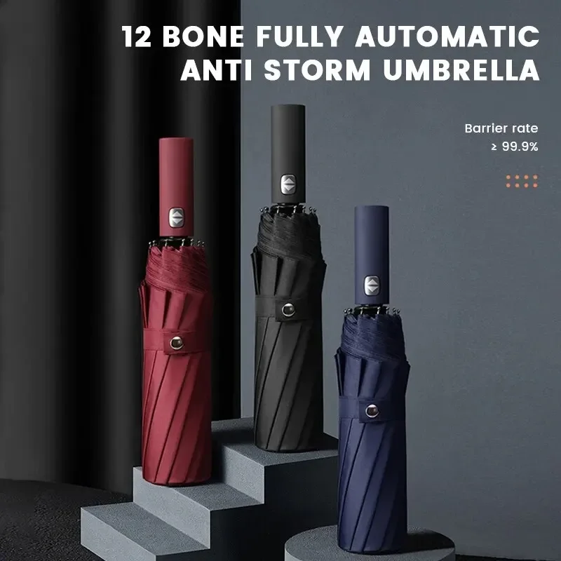 

12 Bone Black Glue Fully Automatic Umbrella With Thick And Durable Keel Three Fold Umbrella UV Resistant Folding Umbrella