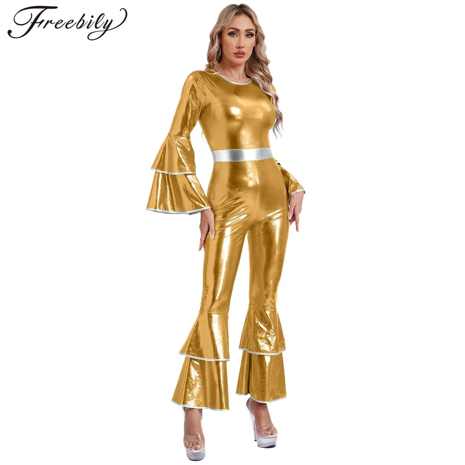 Women'sMetallic Jumpsuit Shiny 70S Disco Vintage Flares Hippie Bodysuit Club Jazz Dance Festival Carnival Rave Party Costume