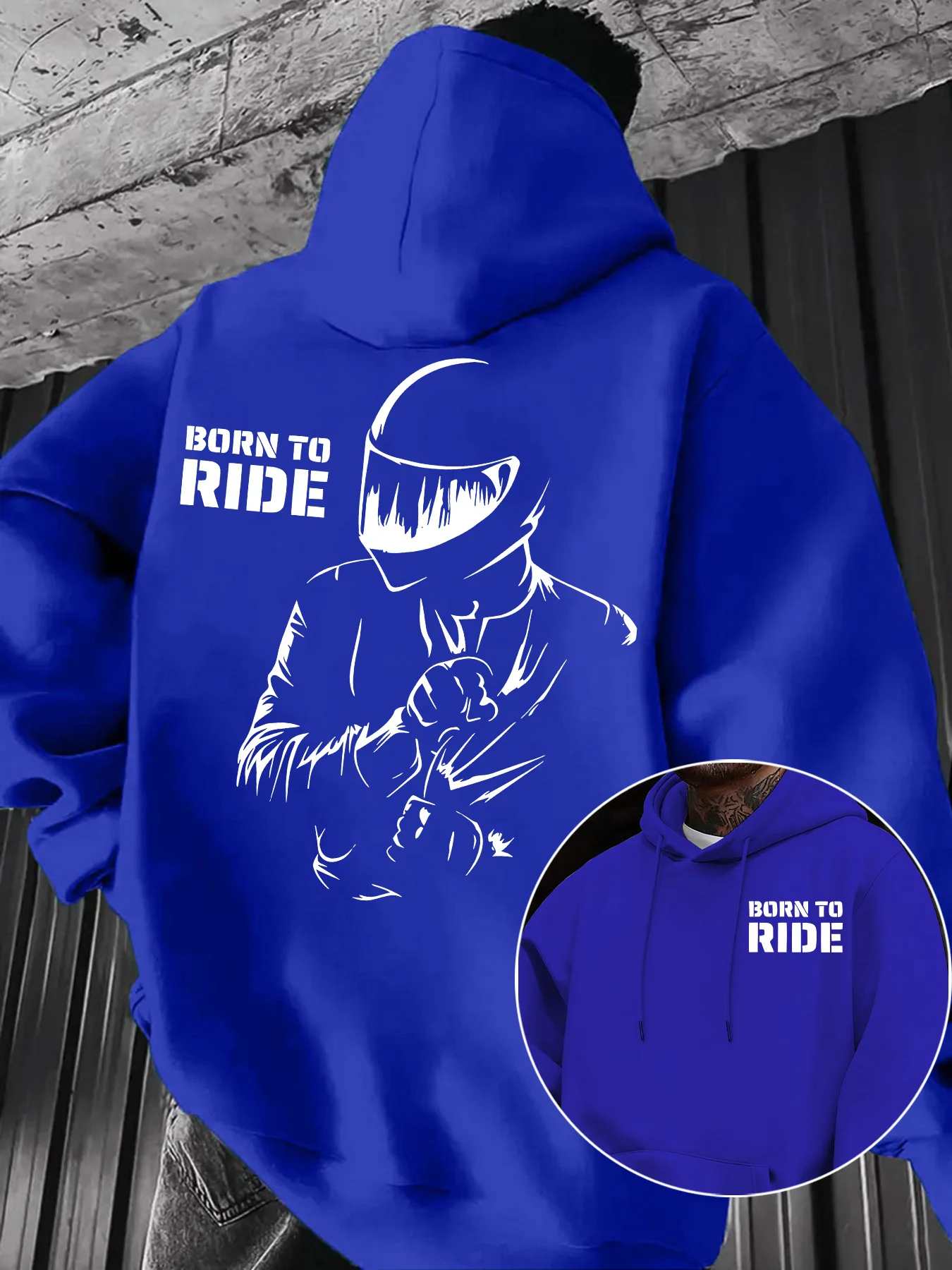 Herren Casual Oversized Kapuzenpullover Schwarz mit Aufdruck „Born To Ride“ für Motorradfahrer, locker geschnittener Langarm-Pullover. – Detail 2