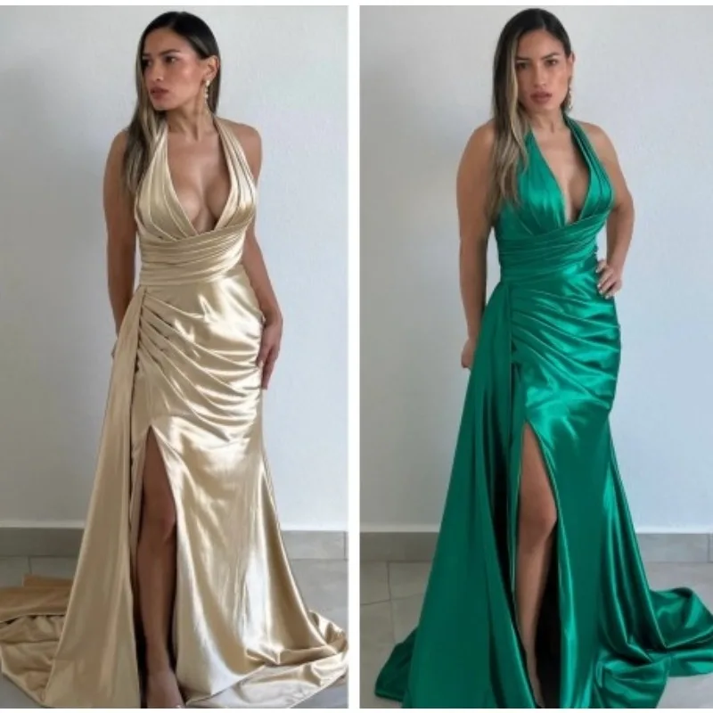 Wakuta vestido plisado sin mangas con cuello en V cruzado para mujer, Vestidos de graduación de sirena de satén Sexy con abertura Halter, corsé largo, Vestidos formales