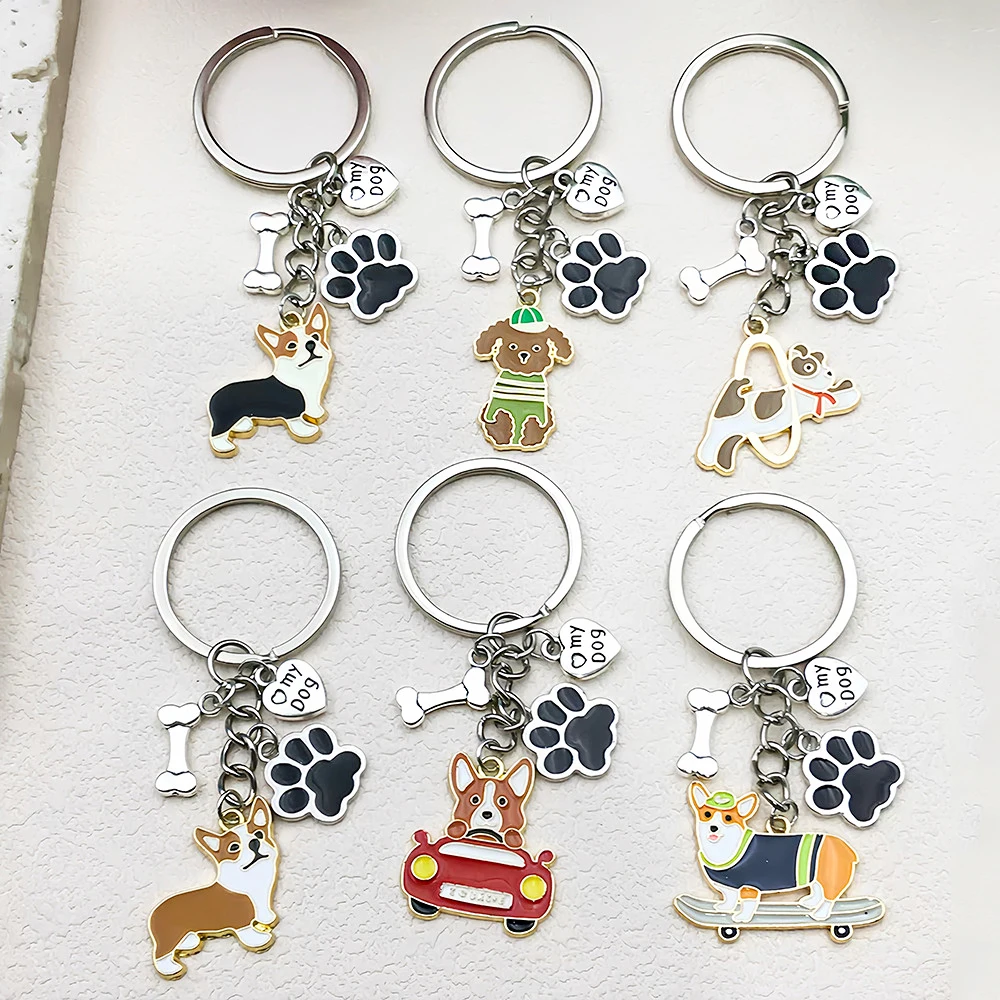 Lindo monopatín Drive perro llavero Metal Corgi Teddy cachorro pata con hueso llavero para amantes de las mascotas regalos de recuerdo mochila Decoración
