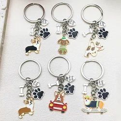 Cute Skateboard Drive Dog Keychain Metal Corgi Teddy Puppy Paw With Bone Key Holder For Pet Lover Souvenir Gifts Backpack Decor