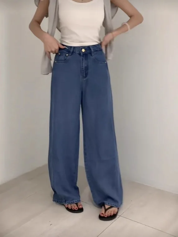 Wide Leg Pants Mom Jeans Women Vintage Denim Trousers Stretch High Waist Washed Distressed Streetwear Basic Floor Length 2025