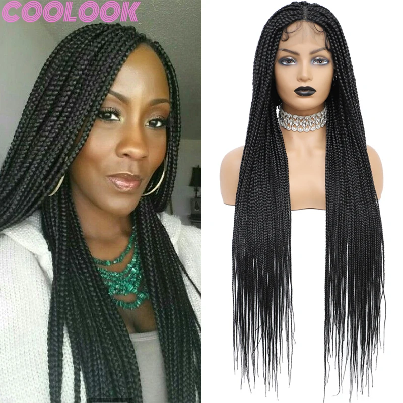 

36'' Synthetic Square Part Braided Full Lace Wig Distressed Silky Goddess Faux Locs Braid Wigs Black Box Braids Lace Frontal Wig