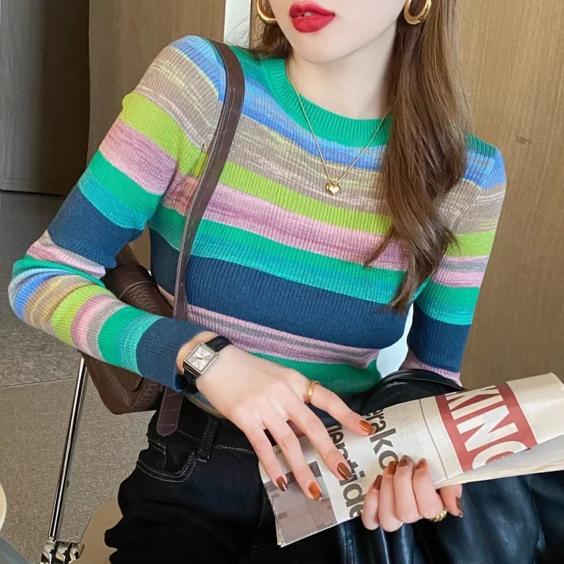 

Early Spring Women's Knitted Sweater Round Neck Base Layer Rainbow Stripes Top Full Sleeve Chinese Brand Fashionable Spring Autu