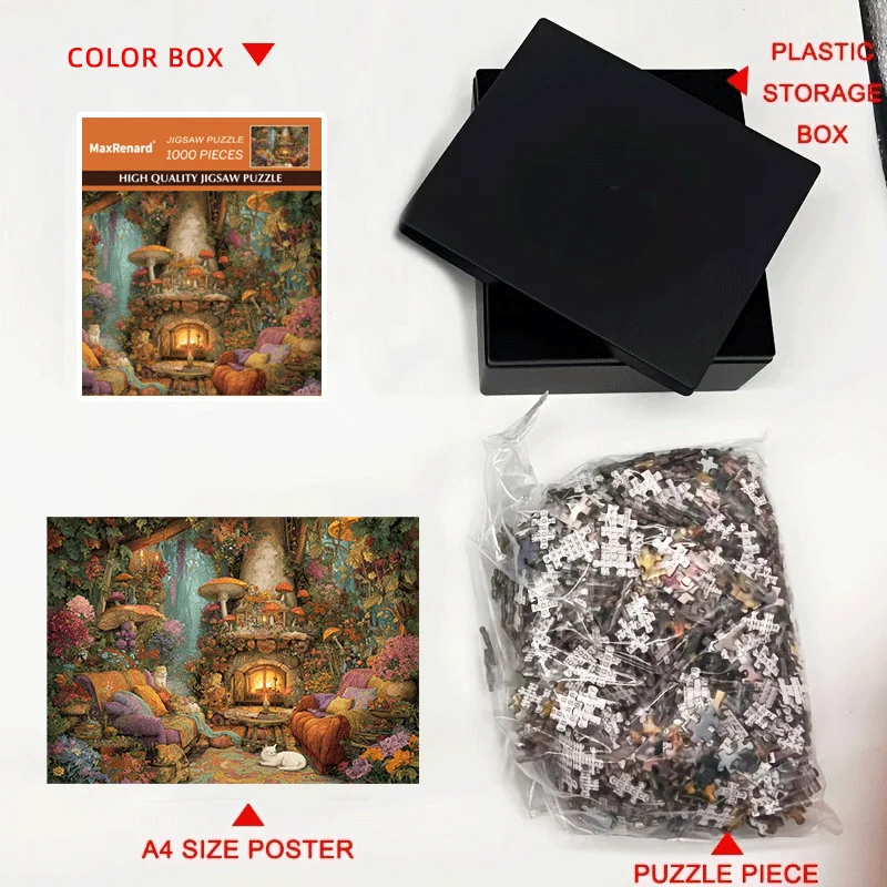 Mini Puzzle 1 BOX 1000 Piece : Sleeping Cat in Mushroom House, back to school GIFT- 38x26cm (15x10.25 Inches), Letter Zones Back