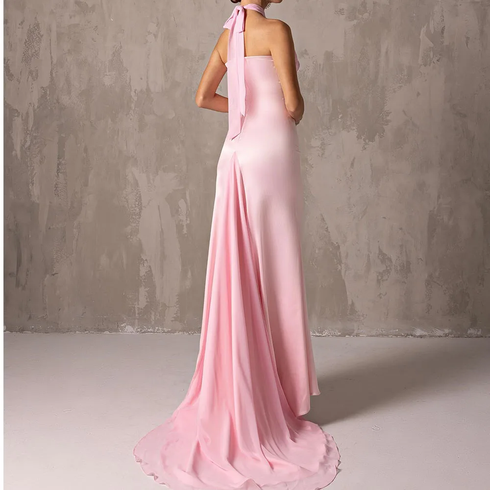 Customized Elegant Satin Evening Dress High Quality Halter Straight Sleeveless Floor Length Court Train Special Occasion Gowns