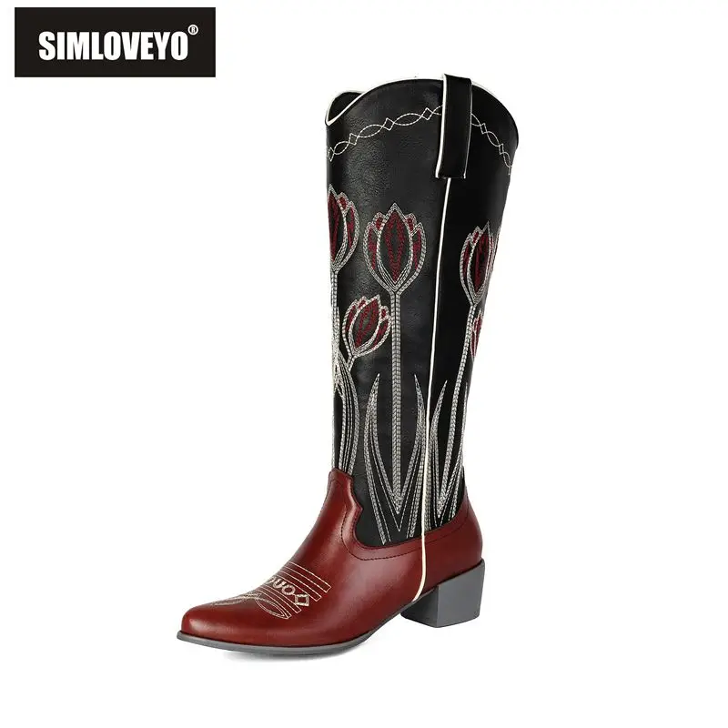 SIMLOVEYO Western Cowboy Shoes Sharp Toe 4.5cm Thick Heel Easy Wear Two Tone Embroidery Extended Range 41 42 43 Everyday Boots