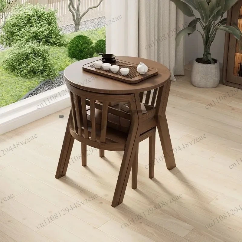 Tea One Two Chairs Combination Round Small Tea Balcony Leisure Table and Chair Three-piece Set Solid Wood Set